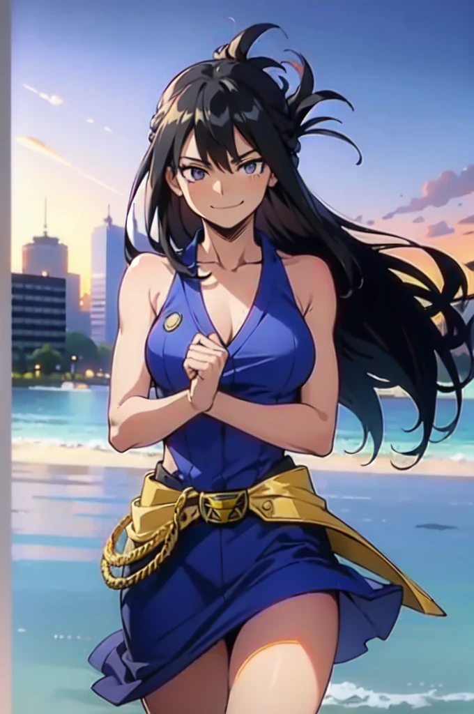 (masterpiece, best quality:1.4), cinematic light, colorful, high contrast, (1girl), NanaShimura, boku no hero academia, black hair, long hair, [folded ponytail:0.5], (large breasts), blue eyes, sleeveles, hair between eyes, belt, city, smirk, clothes off, naked