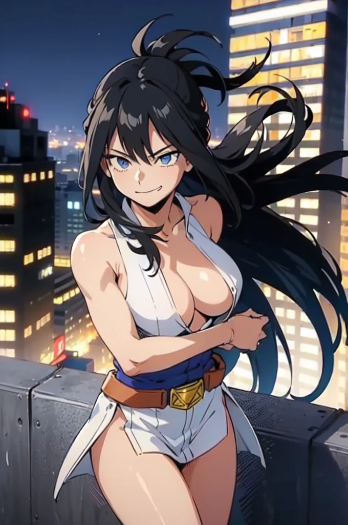 (masterpiece, best quality:1.4), cinematic light, colorful, high contrast, (1girl), NanaShimura, boku no hero academia, black hair, long hair, [folded ponytail:0.5], (large breasts), blue eyes, sleeveles, hair between eyes, belt, city, smirk, clothes off, naked