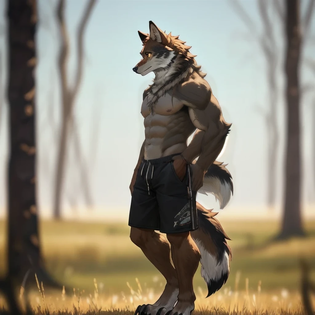 furry,male,anthropology(Prairie wolf),high quality,Correct structure,Brown fur,masterpiece,Depth of Field,Standing,black shorts,Full body portrait,strong,Topless,scar