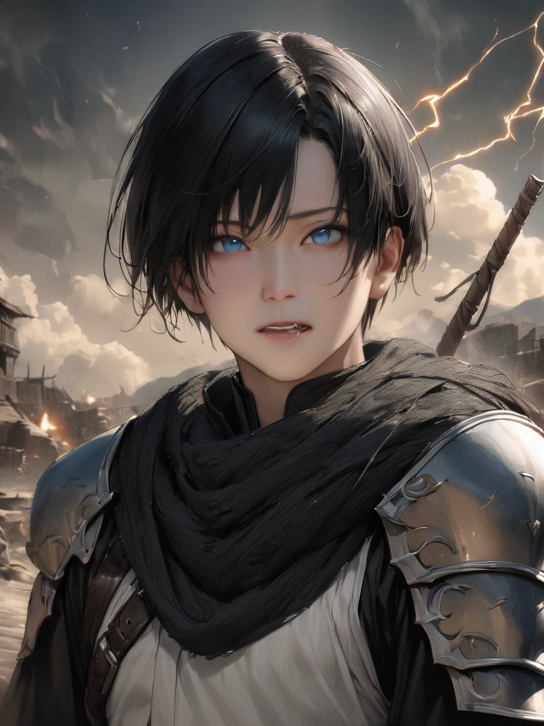 Masterpiece, Highest quality, war, cold weather, realistic, 1 person, mature man, A quiet and charming young man., 30 years old, Portrait, ใบหน้าที่Highly detailed,Masterpiece,best quality,Highly detailed,very detailed, Levi Buman, armor,(Broad shoulders)) (muscle), alone, black hair,blue eyes, muscle shoulder armor, Holding, look at viewer, Holding black stick, Digital Artwork, black short hair, belt, sky, cloud, electricity, upper body,Fang Tian Hua Ji, gag, blue eyes,ชุดarmorอัศวินสีดำ ,Fang Tian Hua Ji, black wool shawl(Masterpiece,best quality,special, (Broad shoulders)) (muscle), focus man,ถือหอกแทงsky,