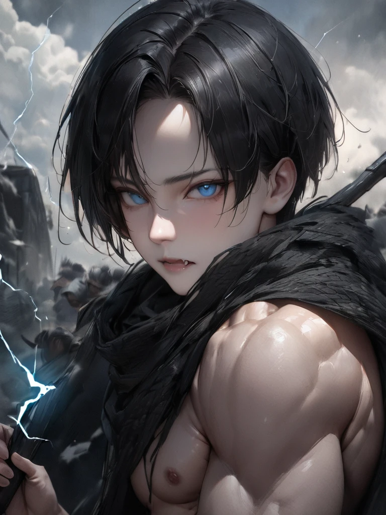 Masterpiece, Highest quality, war, cold weather, realistic, 1 person, mature man, A quiet and charming young man., 30 years old, Portrait, ใบหน้าที่Highly detailed,Masterpiece,best quality,Highly detailed,very detailed, Levi Buman, armor,(Broad shoulders)) (muscle), alone, black hair,blue eyes, muscle shoulder armor, Holding, look at viewer, Holding black stick, Digital Artwork, black short hair, belt, sky, cloud, electricity, upper body,Fang Tian Hua Ji, gag, blue eyes,ชุดarmorอัศวินสีดำ ,Fang Tian Hua Ji, black wool shawl(Masterpiece,best quality,special, (Broad shoulders)) (muscle), focus man,ถือหอกแทงsky,