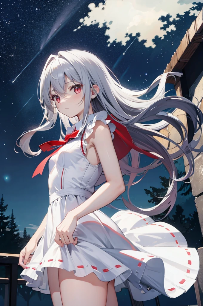 (masterpiece:1.3), (best quality:1.2), (8k, ultra detailed, ultra high res:1.3), anime style, perfect 5 fingers, perfect anatomy, female,
1girl, small breasts, long hair, wavy hair, white hair, BREAK red eyes, sundress, (white dress:1.5), looking at viewer, shoot from front,
BREAK cowboy shot, BREAK (detailed background:1.1), outdoor, aurora, at night, Starry Night Sky with Shooting Stars,
