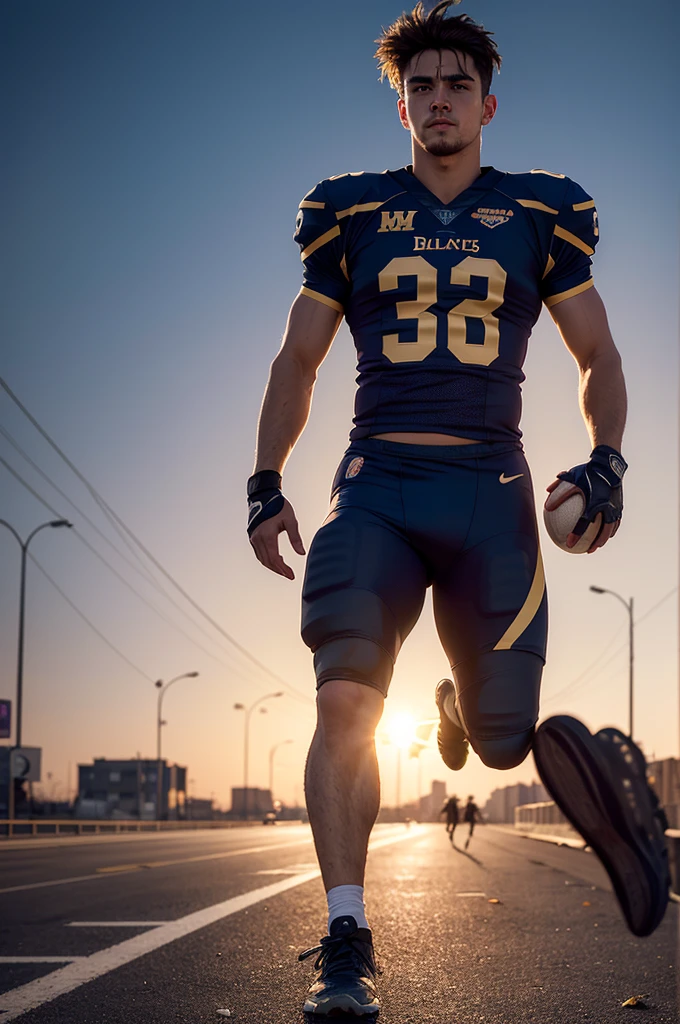 A cinematic photo of a famous brunette football player wearing a magical lilac flower petal-made jersey, as he strides confidently through a desolate, dark post-apocalyptic cityscape, capturing the stark juxtaposition of beauty and decay. The player's flawless skin glows like a beacon of hope amidst the ravaged urban landscape. Photographed with a shallow depth of field to blur the bleak surroundings, emphasizing his striking, rebellious pose. Full body, golden hour.Is there a specific football player you had in mind or any additional details you'd like to add?