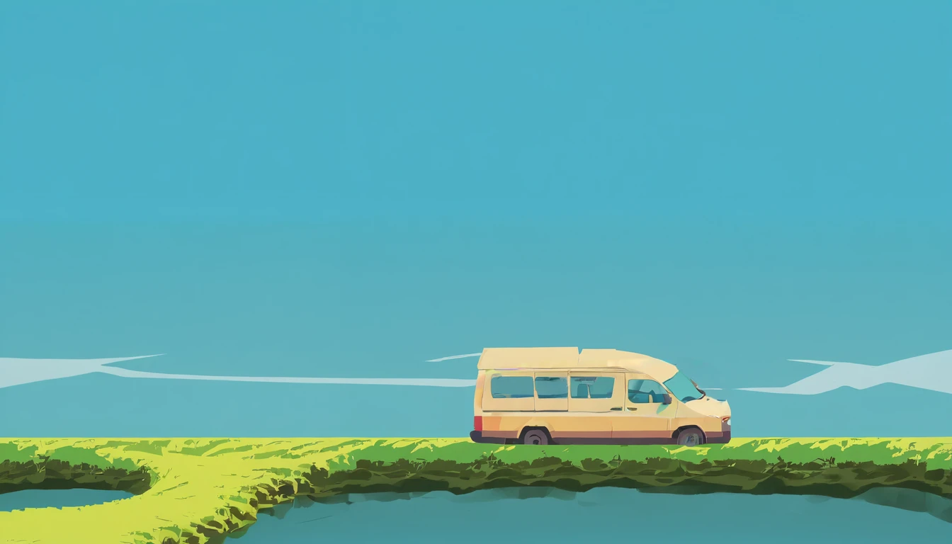 (Minimalism:1.4), A minibus on the road, Studio Ghibli Art, Miyazaki, Pasture with blue sky and white clouds