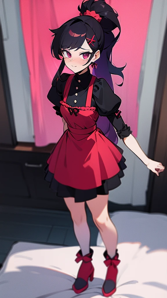 high tail hairstyle, Ponytail hairstyle, Long wavy black hair, standing posing, anime girl style, pixel art anime style,penetrating look with deep eyes,red and purple eyes, hair with a ponytail hairstyle trapped with a big red bun, Women, red hair clips, x color shaped hair clips , smiling face blush, next to his bed , lingerie, sexy maid costume, , Black hair,