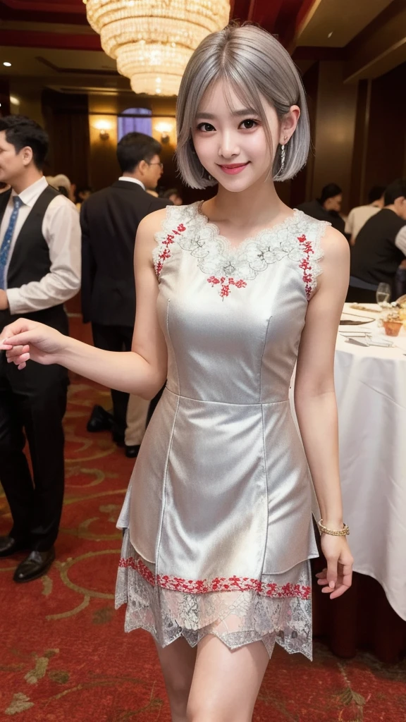 (8K, Photorealistic, Raw photo, Highest quality: 1.4),Japanese idol-style beautiful girl,1 person,18-year-old,(Short Bob),(Silver Hair :1.2),She has her hair tucked behind her ears,Clear grey eyes,Long eyelashes,(piercings(small)),(Lip gloss(red)),lips(Plump,glossy),thin long neck,(Sleeveless dress((Medium length(Length below the knee)),(Lace embroidery),(Layered))),Small pouch,Large hotel party hall,Stand-up buffet,A large number of people(Woman in a dress,Man in suit)Background of the gathering,Smiling at the camera,Knee shot snap