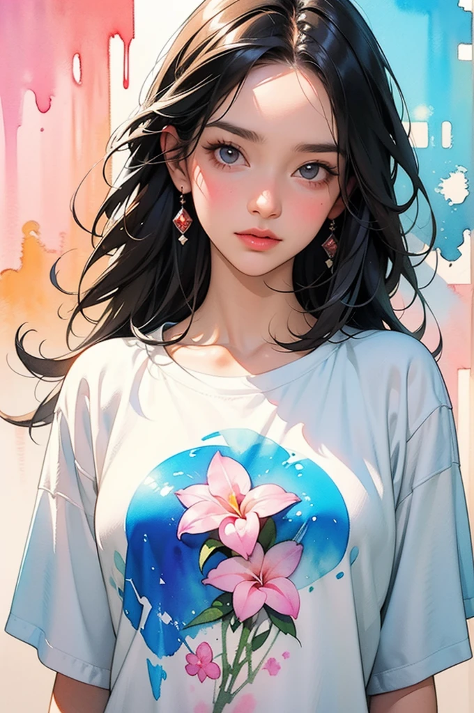 a Plumeria painting with a splatter background and spray paint effect, by Eugeniusz Zak, t-shirt, upper body centered, watercolor art, by Károly Lotz, watercolor painting, watercolor painting style, watercolor detailed art, by Reuben Tam, watercolor digital painting, watercolor paint, masterfully detailed watercolor, watercolor art, Greg Rutkowski