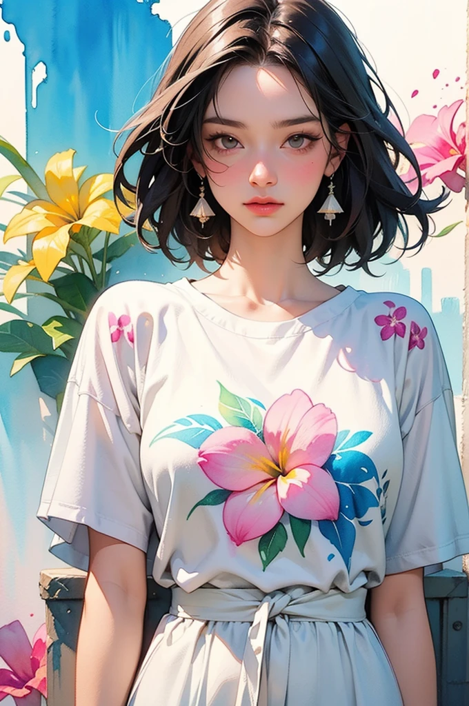 a Plumeria painting with a splatter background and spray paint effect, by Eugeniusz Zak, t-shirt, upper body centered, watercolor art, by Károly Lotz, watercolor painting, watercolor painting style, watercolor detailed art, by Reuben Tam, watercolor digital painting, watercolor paint, masterfully detailed watercolor, watercolor art, Greg Rutkowski