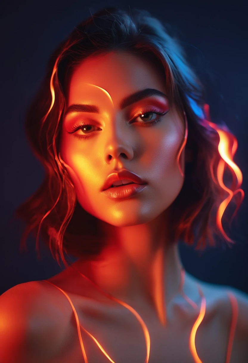 a woman with a neon rose on fire, flawless skin, whimsical photography style, photo captured by an Arriflex 35BL camera using Canon K25 prime lenses, cinematic, dramatic lighting, ultra clear, breathtaking surreal masterpiece. sensual pose