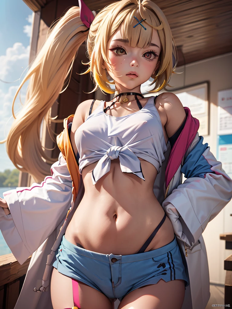 nsfw, (masterpiece, Highest quality), One girl, hoshikawasaraNS, One girl, alone, Long Hair, hair ornaments, Long sleeve, belly button, Bare shoulders, Hair Ribbon,Wide sleeves, Side Ponytail,Crop top,Sleeveless shirt,Thigh straps, Heterochromia iridis, x hair ornaments, Front tie top, Strap slip,Jacket,open Jacket, underboob, erect nipples, camel toe, Light blue panties