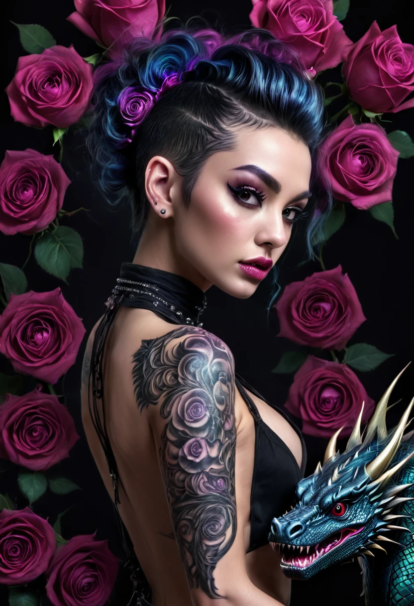 (best quality, 4k, 8K, high resolution, masterpiece: 1.2), ultra detailed: 1.4, back of a beautiful punk woman with a black dragon tattoo with roses, perfect body, mohawk hair:1,3 (photorealistic , intricate details: 1.37), highly detailed face, extremely detailed facial features, hyper-realistic skin texture, detailed skin texture, masterpiece, 8k, beautiful detailed eyes, beautiful detailed lips, extremely detailed face, long eyelashes, realistic, extremely details fine, photorealistic, dramatic lighting, moody lighting, cinematic lighting, physically based rendering, vivid colors, dramatic lighting, intricate details, cinematic composition, gothic fashion, dramatic pose