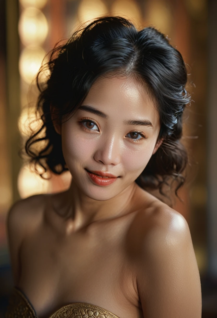 highly detailed, 8k, masterpiece, 1girl, black_wavy_hair, nude, smile, close-up, from_below, ((on_back)), ornate, intricate, dramatic lighting, 4k, detailed_background, caustics, full_body, ((in the style of metart)) half-asian, mixed asian-european, bronze skin ((film grain, soft lens, 35mm, nikon)) half-asian, mixed asian-european, bronze skin,