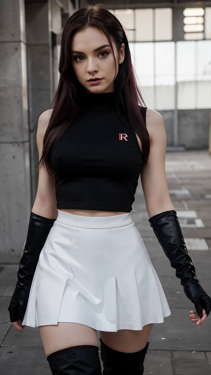 defHapi, team rocket, team rocket uniform, red letter R, white skirt, white crop top, black thigh-high boots, black elbow gloves, looking at viewer,