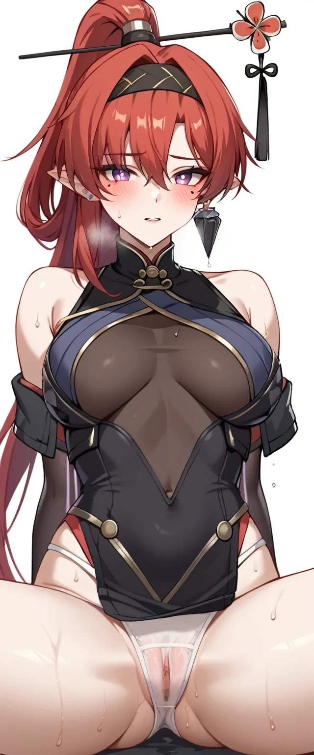 score_9,score_8_up,score_7_up,mole_under_eye, clothing_cutout, yinlin_(wuthering_waves), chinese_clothes, black_hairband, blush, solo, 1girl, white_background, simple_background, bare_shoulders, earrings, large_, sweat, looking_at_viewer, upper_body, hair_stick, (arms behind on back), pussy, es, wetanties, see througes, on legs, legs togsittings