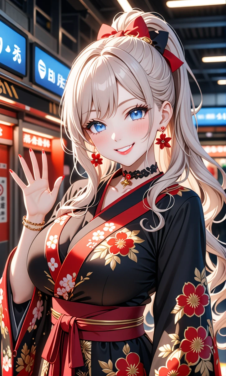 ultra-detailed, ((one girl)), (pale skin:1.3), in pastel colors gyaru, hyper detailed, absurdres, 8K, fair skin, Beautiful Face, (heavy makeup),  (Laugh shyly), ((teasing smile:1.8)), ((Wink:1.6)), (Laugh with your mouth wide open),((Tilt your head:1.6)), View your viewers, ((Bright red cheeks:1.6)),Glossy Red Lips, ((blue eyes)), ((Big Breasts:1.5)), ((show off breast), noon, Station ticket gates,  ((Anime style background)),masterpiece, Highest quality, so beautiful,Latest, Complex details, (Pink long nails), (nail art), (ring),(bracelet), (Floral choker),AI-generated, Complex,High resolution, Highest quality, super high quality,3D Images、3D Images,One person,long white hair,(High Ponytail), (wavy hair:1.1), Anime woman posing for a photo, ((Fine grain、blue eyes、glowing eyes:1.4)), (Squint your eyes:1.1),a hyperRealistic , hyperRealistic , Realistic,Anime woman with long white, Smooth anime CG art, Girl in black kimono, Gold embroidery, ((black furisode)),(Large floral pattern)  Long flower hair ornament,Floral Earrings,Mature Body, tall,Abdominal muscles,Narrow waist,((waving at viewer:1.3)), (front view),