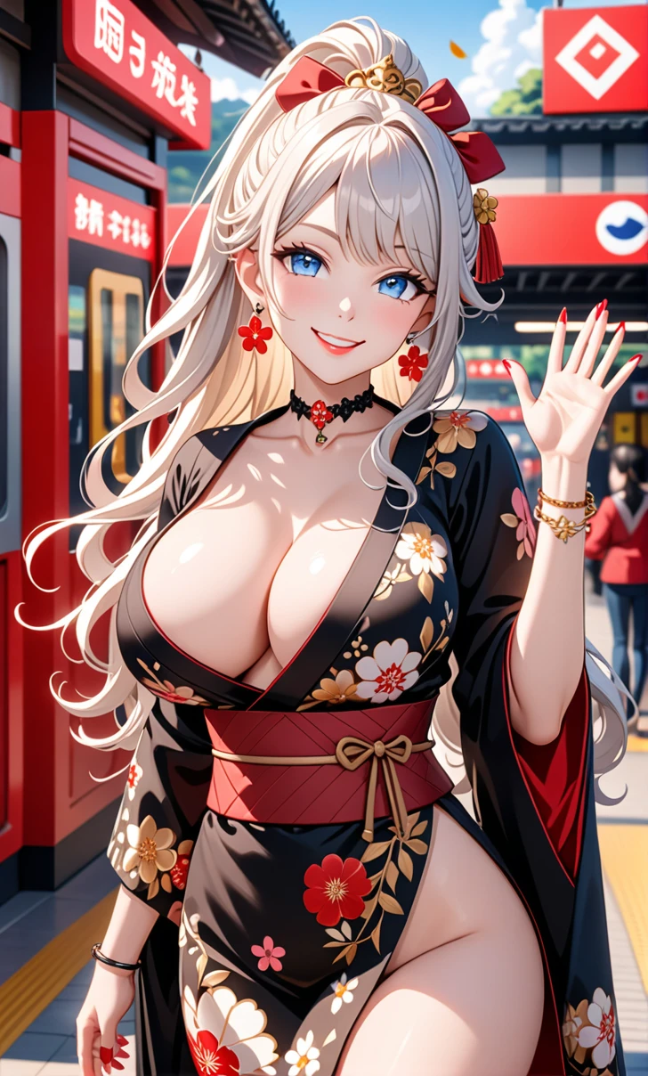 ultra-detailed, ((one girl)), (pale skin:1.3), in pastel colors gyaru, hyper detailed, absurdres, 8K, fair skin, Beautiful Face, (heavy makeup),  (Laugh shyly), ((teasing smile:1.8)), ((Wink:1.6)), (Laugh with your mouth wide open),((Tilt your head:1.6)), View your viewers, ((Bright red cheeks:1.6)),Glossy Red Lips, ((blue eyes)), ((Big Breasts:1.5)), ((show off breast), noon, Station ticket gates,  ((Anime style background)),masterpiece, Highest quality, so beautiful,Latest, Complex details, (Pink long nails), (nail art), (ring),(bracelet), (Floral choker),AI-generated, Complex,High resolution, Highest quality, super high quality,3D Images、3D Images,One person,long white hair,(High Ponytail), (wavy hair:1.1), Anime woman posing for a photo, ((Fine grain、blue eyes、glowing eyes:1.4)), (Squint your eyes:1.1),a hyperRealistic , hyperRealistic , Realistic,Anime woman with long white, Smooth anime CG art, Girl in black kimono, Gold embroidery, ((black furisode)),(Large floral pattern)  Long flower hair ornament,Floral Earrings,Mature Body, tall,Abdominal muscles,Narrow waist,((waving at viewer:1.3)), (front view),