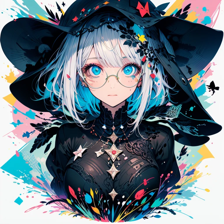 Highest quality,Highest Resolution,One Woman,Big Breasts,Short Bob,Very beautiful eyes,whole body,Glasses,Colorful,Silver Hair,Brown Skin