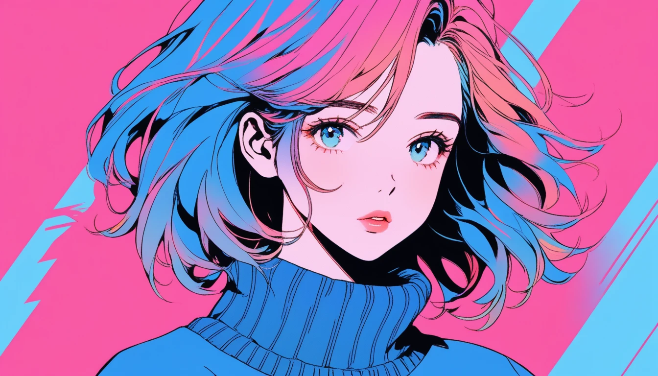 Illustration Style, anime , Realistic ,sketch , 1 Girl, ,lip, sweater,order, Blue gradient background, Neon Hair,textured crop, Canadian, (masterpiece,Highest quality)