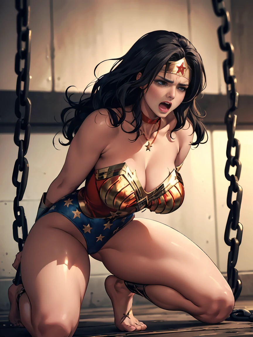 ((wonder woman is in the lair of her tormenting enemies)) ,((SUPERHEROINE WONDERWOMAN É UMA VELHA PROSTITUTA IMUNDA, prostitution)), ((emotional expression,expression of pain and despair, gritando de dor, expression of suffering, olhos arregalados)),(Wonder Woman is crouching, pernas abertas), (((She is crying a lot, ela tem cabelo preto, ela tem cabelo longo))), ((She wears a thick metal necklace around her neck..)), (She is wearing FETISH ankle strap ballet shoes), (obra-prima, melhor qualidade) 1.5, 1 garota, sozinho, (sensual, mulher bonita, rosto perfeito, olhos perfeitos), corpo inteiro. ((She is wearing starry lace panties)), tears running down your face)), ((Mulher Maravilha em cativeiro amarrado ,arms tied behind the back, em seguida, using some fixation method, like a rope or chain that runs from the wrists to an attachment point above, their arms are raised behind them until the person is forced to bend forward)), ((emotional expression,expression of pain and despair, gritando de dor, expression of suffering, olhos arregalados, expression of fear, corpo se contorcendo de dor)), (((Your clothes are torn, Your clothes are in tatters))) 