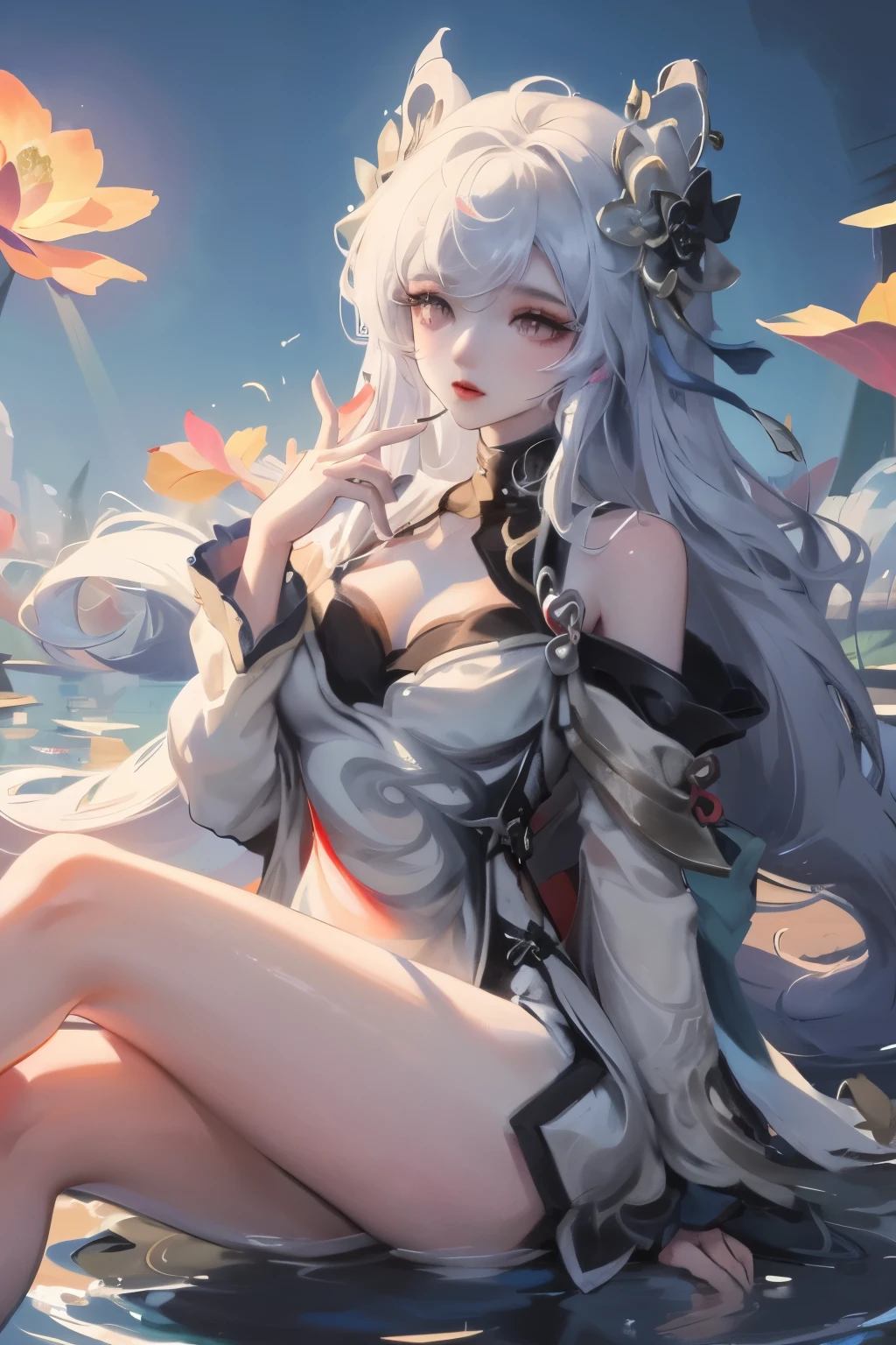 absurd, high resolution, Extremely detailed, (1 Girl:1.3), Hand Painted, Simple lines, 16-year-old girl wearing colorful Chinese Hanfu, Sexy fox ears girl, By the lotus pond, masterpiece, sitting in water, Floating clothes, Flowing hair