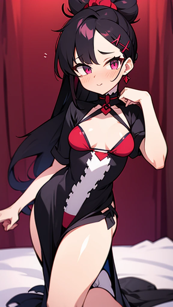 high tail hairstyle, Ponytail hairstyle, Long wavy black hair, standing posing, anime girl style, pixel art anime style,penetrating look with deep eyes,red and purple eyes, hair with a ponytail hairstyle trapped with a big red bun, Women, red hair clips, x color shaped hair clips , smiling face blush, next to his bed , lingerie, sexy maid costume, , Black hair, 