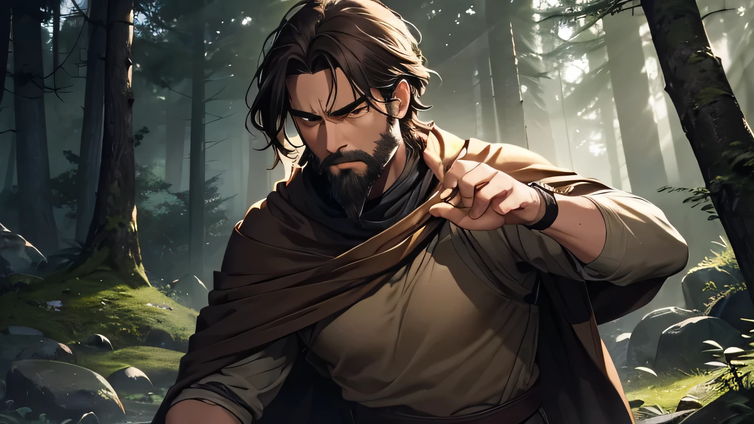 Worried-faced man with dark brown beard, long dark brown hair, light yellow-brown eyes and dark brown and light brown tunic from the 4th century BC. C., with a light brown cloak, about 50 years old, throwing  dark brown rock with his hand, in a dark and mysterious forest at night, movement scene in the forest, changing lighting, hyperrealistic, cinematic lighting,