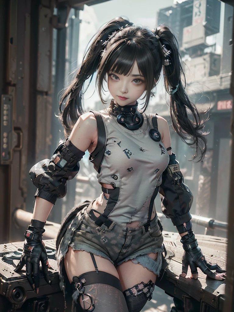 (Full Body View:1.3)、(Side view:1.1)、(Please smile with your teeth showing:1.4),(Shibuya Gal:1.5)、(Gothic Lolita style fashion:1.5)、(Tattered khaki and gray futuristic micro high leg bodysuit:1.5)、(Tattered Khakis and White Micro Fancy Sleeves:1.5)、(Tattered khaki micro shorts:1.5)、(Brown and khaki knee socks:1.3)、(camouflage:1.3)、(Military jacket:1.4)、Brown boots、Khaki gloves、internal、(The underwear is striped:1.4)、23 years old、(Doing an aerobics pose:1.3)、((Highest quality、8K、masterpiece:1.3))、One girl、The beauty of slim abs:1.3、(Hairstyle Casual、Big Tits:1.1)、dress:1.1、Super small face、Narrow eyes、double eyelid、Laughter、Esbian all over、Dynamic Angle、Close-up、CPL Filter、Blurred Background、Bokeh、Blue Hour、Detailed face and skin texture、Detailed Eyes,(Twin tails:1.3)、(Black brown hair:1.4)、Gravure idol pose、(The background is the cockpit of a futuristic weapon.:1.3)、(The body is slim:1.2),(Slim legs:1.4),(clavicle:1.1)