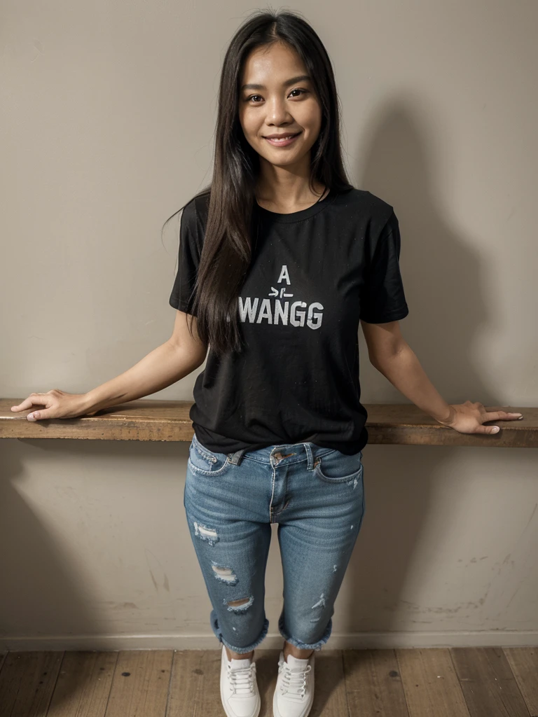 90 degree wide angle photo.Thai woman with long straight hair, 45 years old, beautiful smile, (black t-shirt loose It has letters that say People, no one..and is wearing Distressed jeans)Wear white sports shoes. Standing still and still.Act like standing and waiting for a Place your hands at your sides.