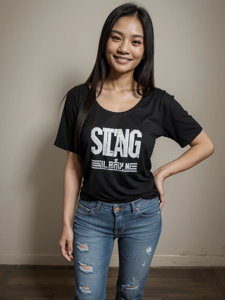 90 degree wide angle photo.Thai woman with long straight hair, 45 years old, beautiful smile, (black t-shirt loose It has letters that say People, no one..and is wearing Distressed jeans)Wear white sports shoes. Standing still and still.Act like standing and waiting for a Place your hands at your sides.