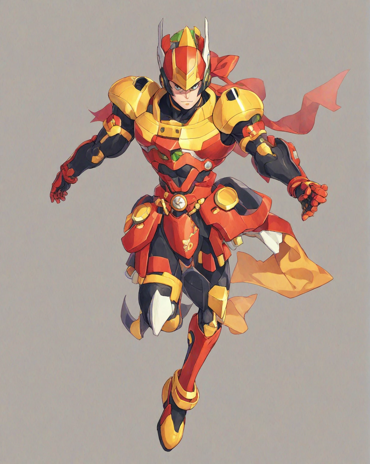 1in kinu-sensei artstyle, Kinu Nishimura style, muted pastel colors, 1boy, solo, hardboiled, reploid, In this detailed image, we see a Reploid character from the "Mega Man X" series, specifically with the design from "Mega Man X8." The Reploid features a futuristic and functional design, incorporating a blend of military and utilitarian aesthetics. The character is depicted in a full-body armor suit predominantly colored in vibrant greens, with contrasting red and white accents, kinu-sensei artstyle,