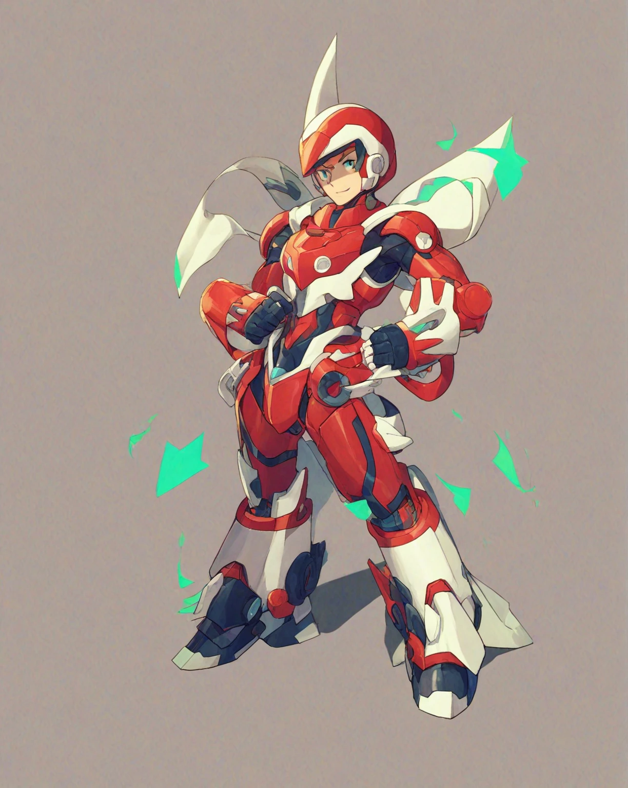 1in kinu-sensei artstyle, Kinu Nishimura style, muted pastel colors, 1boy, solo, hardboiled, reploid, In this detailed image, we see a Reploid character from the "Mega Man X" series, specifically with the design from "Mega Man X8." The Reploid features a futuristic and functional design, incorporating a blend of military and utilitarian aesthetics. The character is depicted in a full-body armor suit predominantly colored in vibrant greens, with contrasting red and white accents, kinu-sensei artstyle,