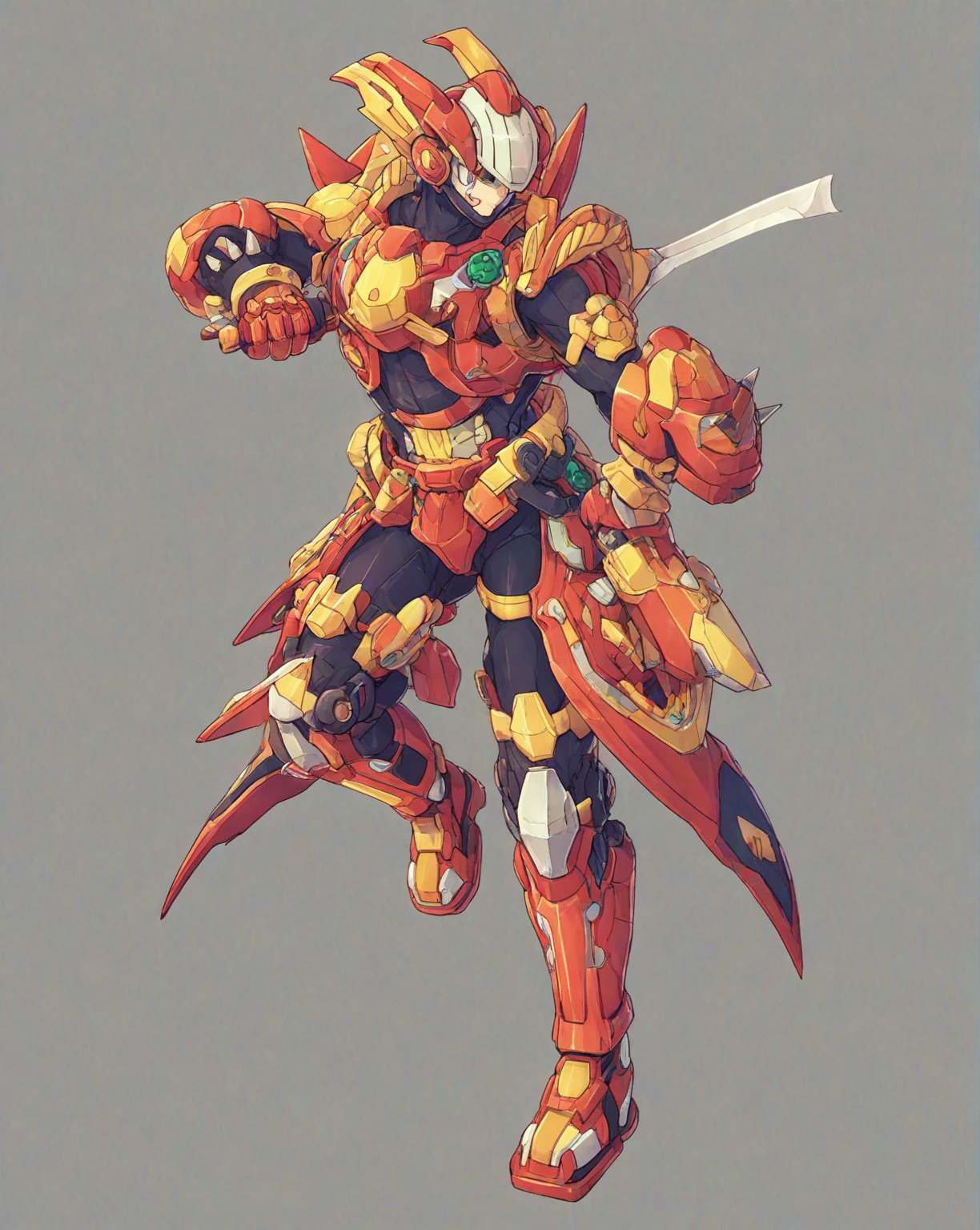 1in kinu-sensei artstyle, Kinu Nishimura style, muted pastel colors, 1boy, solo, hardboiled, reploid, In this detailed image, we see a Reploid character from the "Mega Man X" series, specifically with the design from "Mega Man X8." The Reploid features a futuristic and functional design, incorporating a blend of military and utilitarian aesthetics. The character is depicted in a full-body armor suit predominantly colored in vibrant greens, with contrasting red and white accents, kinu-sensei artstyle,