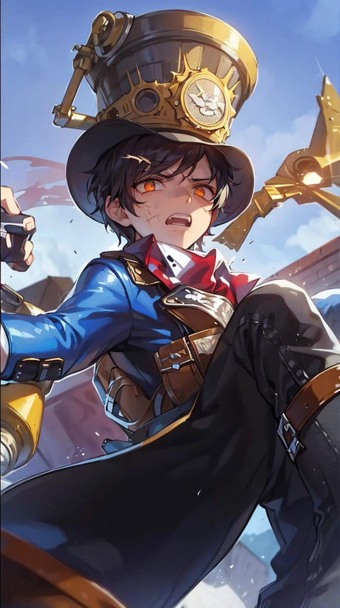 boy, strong, fighter, black hair, shades, technician, mechanic, band-aid on face, cut scars on face, leather jacket, blowtorch sparks, dusty clothes, stoic expression, neutral expression, workshop background, bright orange eyes