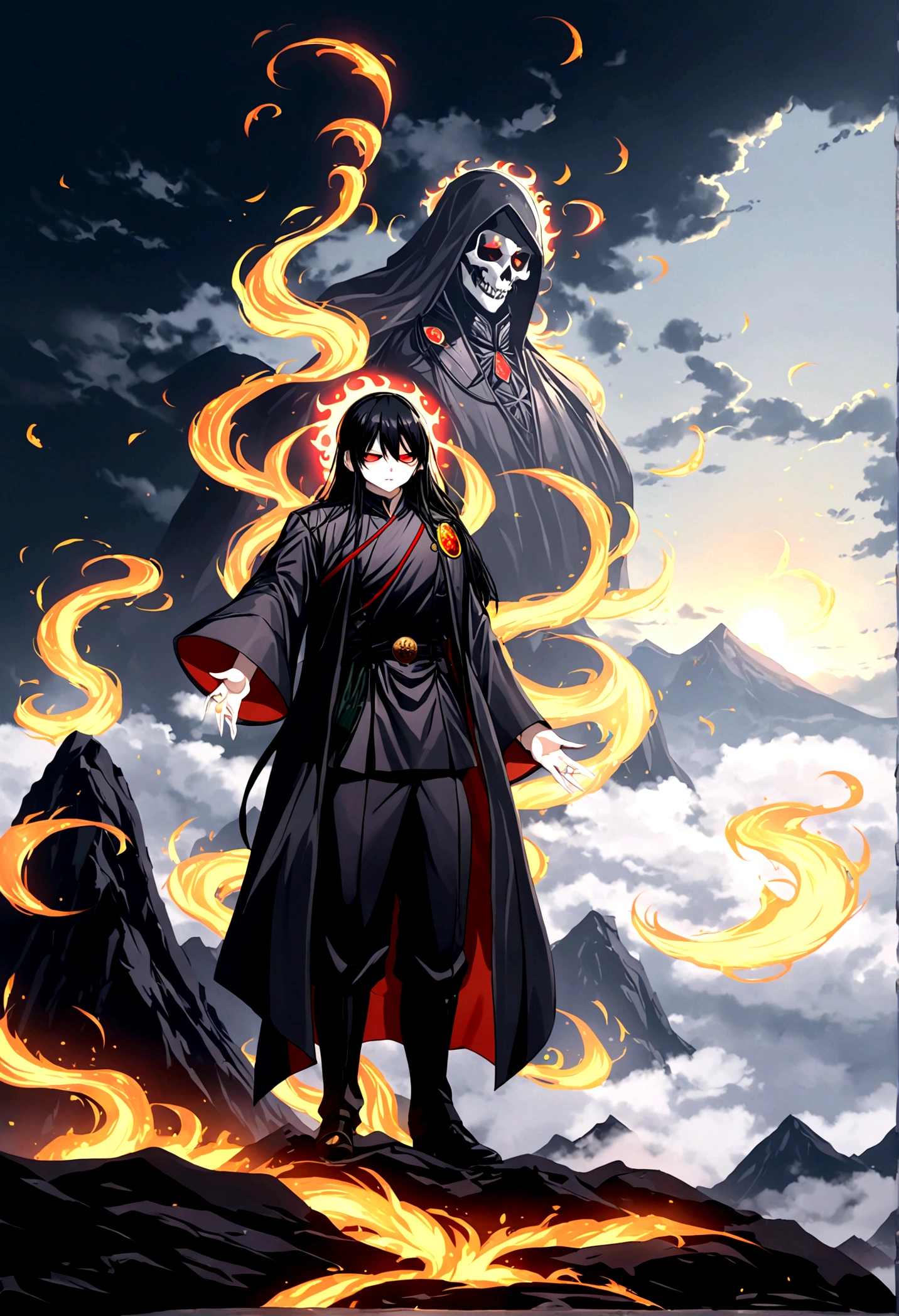 Create one of a man who is the God of Death, an imposing figure in somber attire, It's on top of a mountain, watching the horizon.