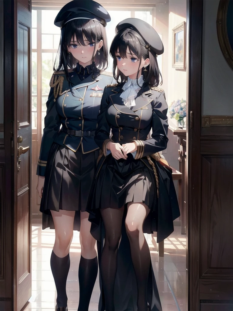 absurdres, RAW photo, extremely delicate and beautiful, masterpiece, Best Quality, ultra high resolution, 32k, hyperrealistic, ultra-detailed, delicate facial features, beautiful detailed woman, tearful mole, earring, medium breasts, full body shot, medium hair, black hair, 2 girls, yuri, beret, skirt, military uniform,