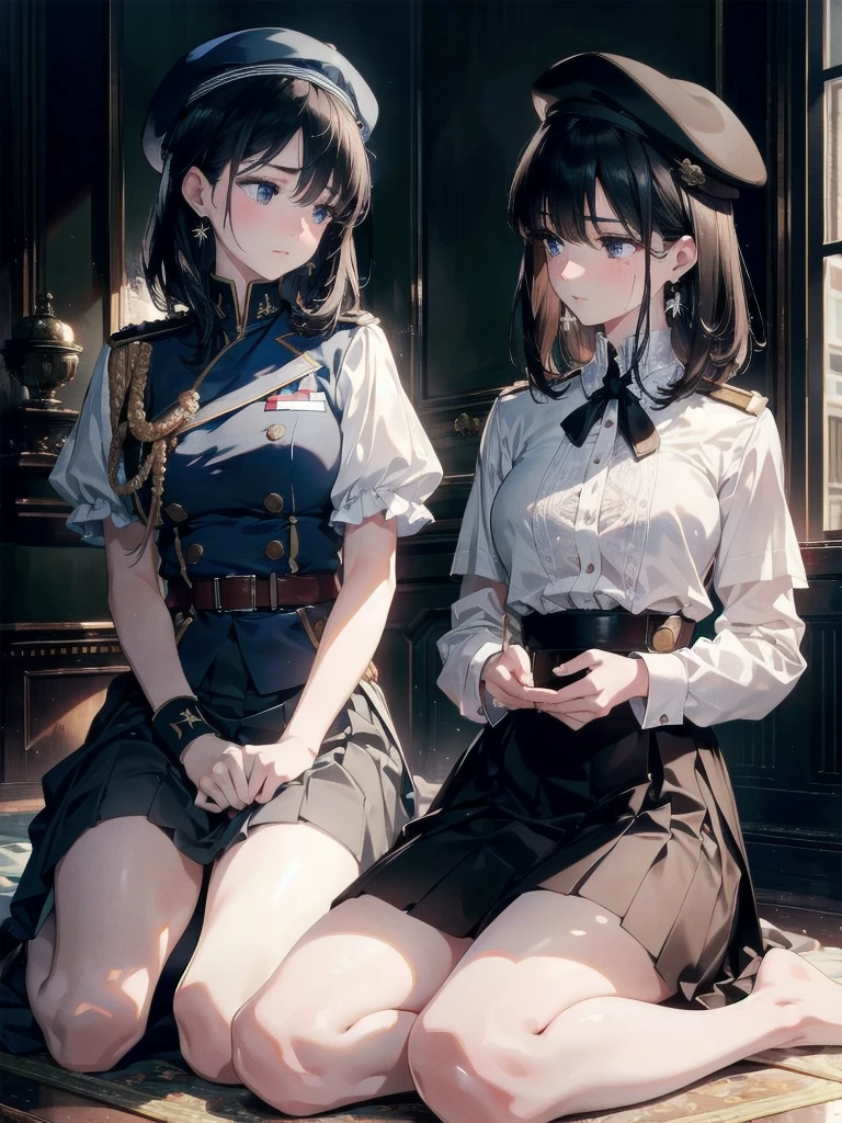 absurdres, RAW photo, extremely delicate and beautiful, masterpiece, Best Quality, ultra high resolution, 32k, hyperrealistic, ultra-detailed, delicate facial features, beautiful detailed woman, tearful mole, earring, medium breasts, full body shot, medium hair, black hair, 2 girls, yuri, beret, skirt, military uniform,