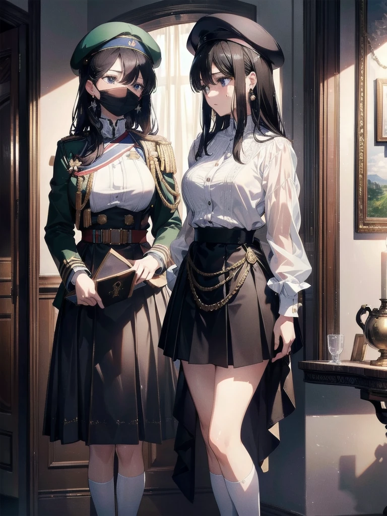 absurdres, RAW photo, extremely delicate and beautiful, masterpiece, Best Quality, ultra high resolution, 32k, hyperrealistic, ultra-detailed, delicate facial features, beautiful detailed woman, tearful mole, earring, medium breasts, full body shot, medium hair, black hair, 2 girls, yuri, beret, skirt, military uniform,