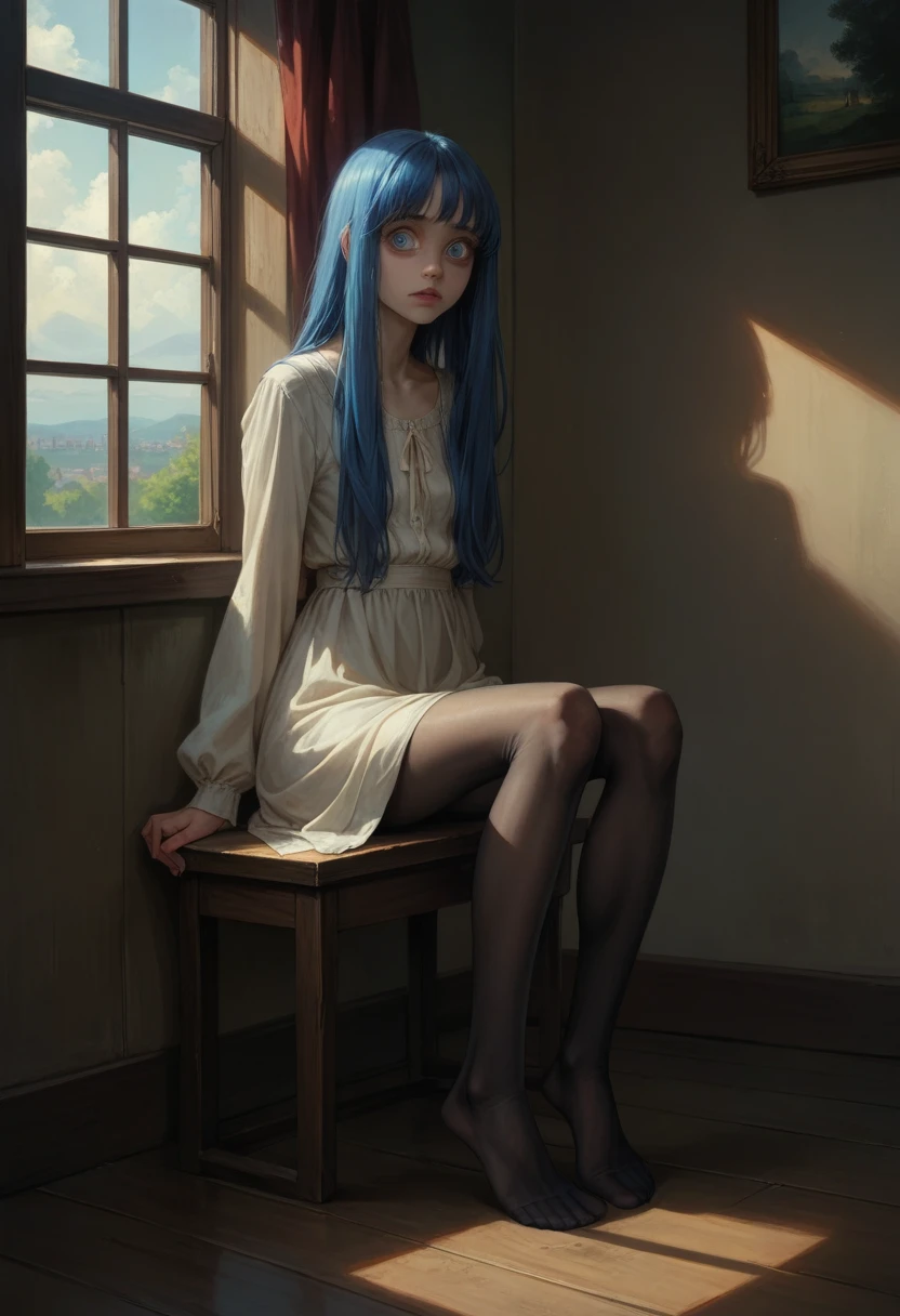 masterpiece, newest,
Highly detailed, 1girl, slender, innocent, sitting, arms at sides, long hair, opaque pantyhose, no shoes, blue hair, Big eyes, sagging clothes, realistic, windows