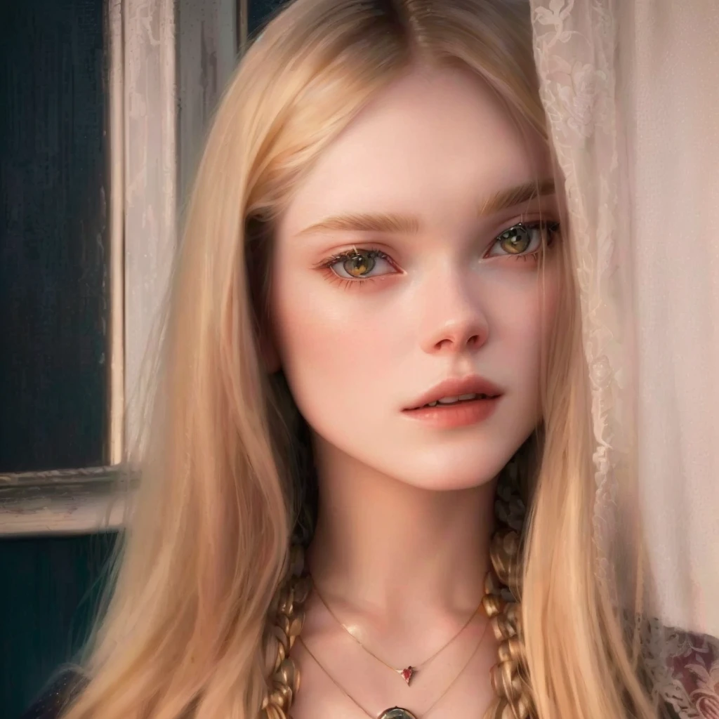 a closeup of a woman with long blonde hair and a necklace, Elle Fanning), Elle Fanning, young nicole kidman, portrait of Elle Fanning, tejido samara, samara vampire fabric, Elle Fanning as an android, gorgeous female samara fabric, Elle Fanning at night, sadie sink, Anya Taylor - joy vampire queen, Anya Taylor joy, Anya Taylor - joy