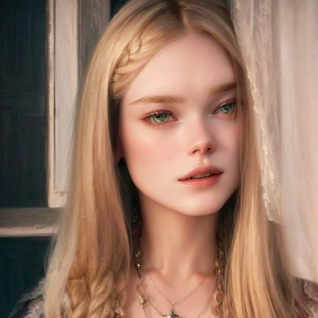 a closeup of a woman with long blonde hair and a necklace, Elle Fanning), Elle Fanning, young nicole man, portrait of Elle Fanning, tejido samara, samara vampire fabric, Elle Fanning as an android, gorgeous female samara fabric, Elle Fanning at night, sadie sink, Anya Taylor - joy vampire queen, Anya Taylor joy, Anya Taylor - joy