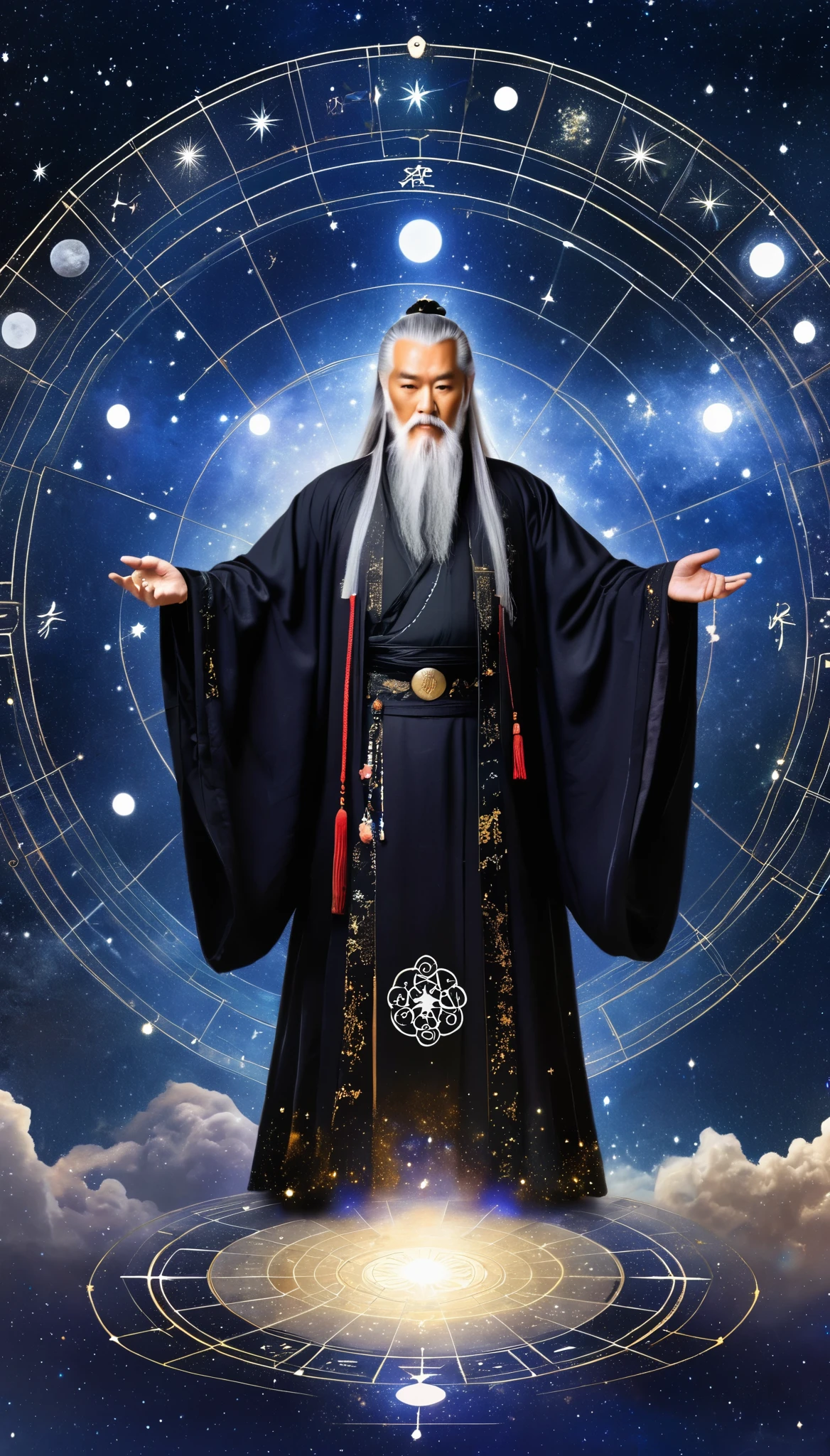 Oriental Fortune Teller，The old immortals of the stars，Master，elder，White beard and long white eyebrows，Black loose Hanfu robe，Look up at the stars，Galaxy Tai Chi Bagua Diagram，artistic conception，Array，Runes，Luminescence，dream
