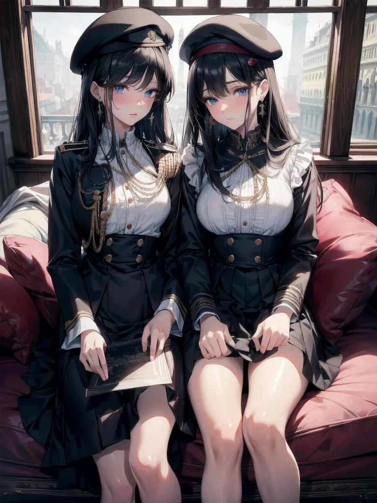 absurdres, RAW photo, extremely delicate and beautiful, masterpiece, Best Quality, ultra high resolution, 32k, hyperrealistic, ultra-detailed, delicate facial features, beautiful detailed woman, tearful mole, earring, medium breasts, full body shot, medium hair, black hair, 2 girls, yuri, beret, skirt, military uniform,