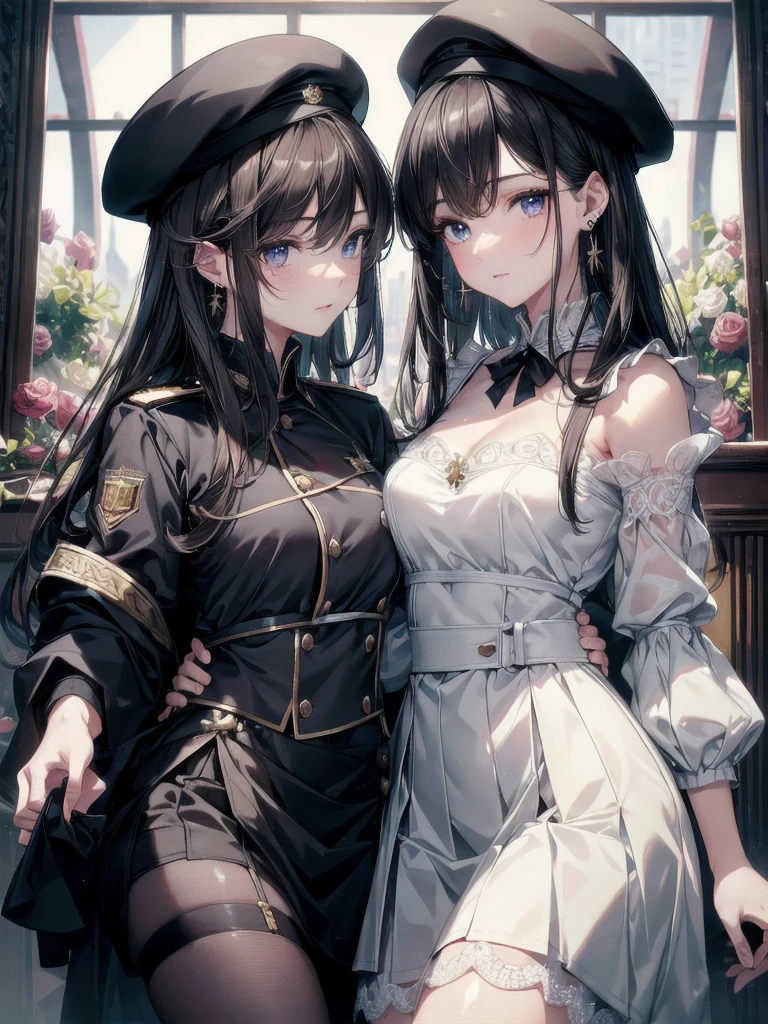 absurdres, RAW photo, extremely delicate and beautiful, masterpiece, Best Quality, ultra high resolution, 32k, hyperrealistic, ultra-detailed, delicate facial features, beautiful detailed woman, tearful mole, earring, medium breasts, full body shot, medium hair, black hair, 2 girls, yuri, beret, skirt, military uniform,
