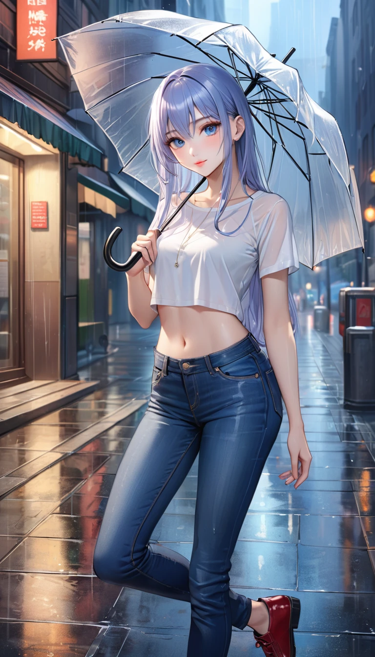 ((Highest quality, masterpiece:1.3, 8K)), (detailed), highly detailed face and skin texture, detailed eyes, Downtown, whole body, Seductive pose, Slender body, One girl, Age 25, White skin, Bright lips, Captivating smile, Long Hair, (amount:1.0), Stylish tops, Jeans pants, Skinny jeans, Blue Jeans, footwear,(((heavy rain))),Sheltering from the Rain,(((Holding an umbrella in his right hand))),