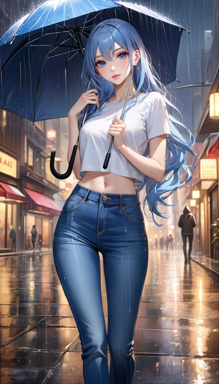 ((Highest quality, masterpiece:1.3, 8K)), (detailed), highly detailed face and skin texture, detailed eyes, Downtown, whole body, Seductive pose, Slender body, One girl, Age 25, White skin, Bright lips, Captivating smile, Long Hair, (amount:1.0), Stylish tops, Jeans pants, Skinny jeans, Blue Jeans, footwear,(((heavy rain))),Sheltering from the Rain,(((Holding an umbrella in his right hand))),