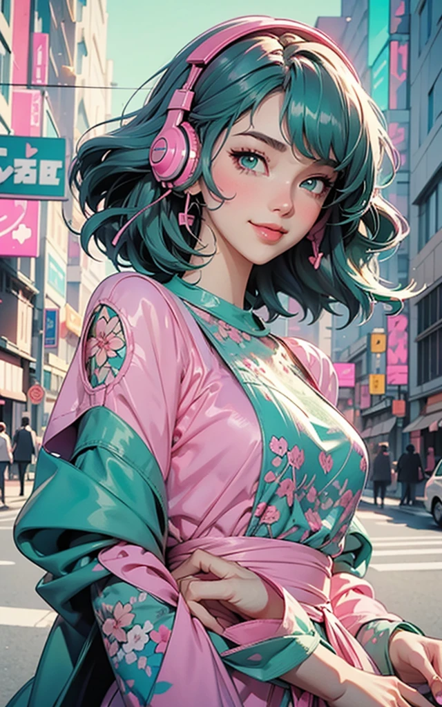 pink dress, smile, model girl wearing headphones, city background, emerald green eyes, intricate details, aesthetically pleasing pastel colors, poster background, art by conrad roset and ilya kuvshinov