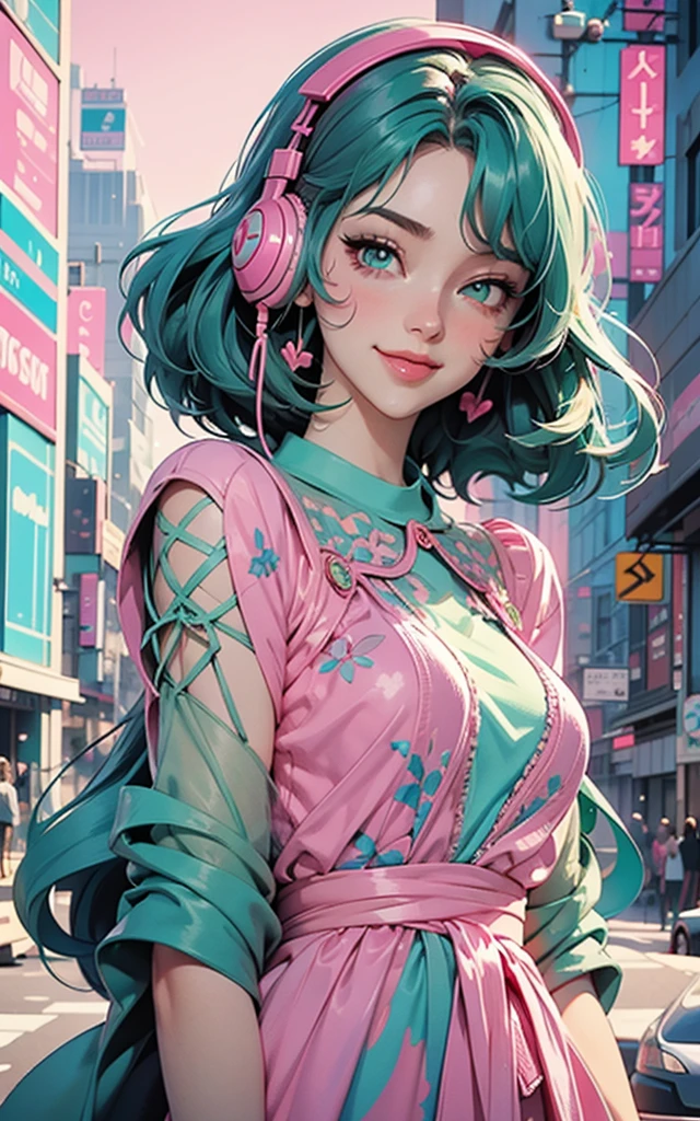 pink dress, smile, model girl wearing headphones, city background, emerald green eyes, intricate details, aesthetically pleasing pastel colors, poster background, art by conrad roset and ilya kuvshinov