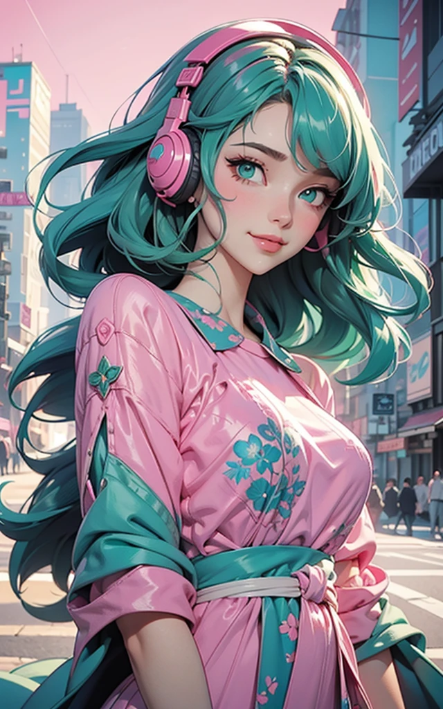 pink dress, smile, model girl wearing headphones, city background, emerald green eyes, intricate details, aesthetically pleasing pastel colors, poster background, art by conrad roset and ilya kuvshinov