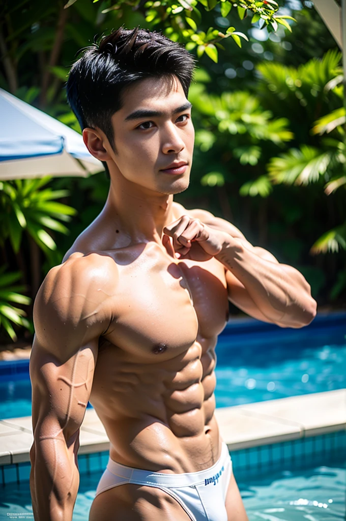 masterpiece, bestquality, High Quality, extremely detailed cg unity 8k wallpaper, Depth of Field, HDR,,photorealistic portrait,Very detailed, 1 man, asian, Short black hair (Wear a white thong), swimming pool, Pectoral muscles, Big arm muscles, blood vessel, Big muscles, Wide shoulders, looking at the audience, balance eyes, (eye contact)