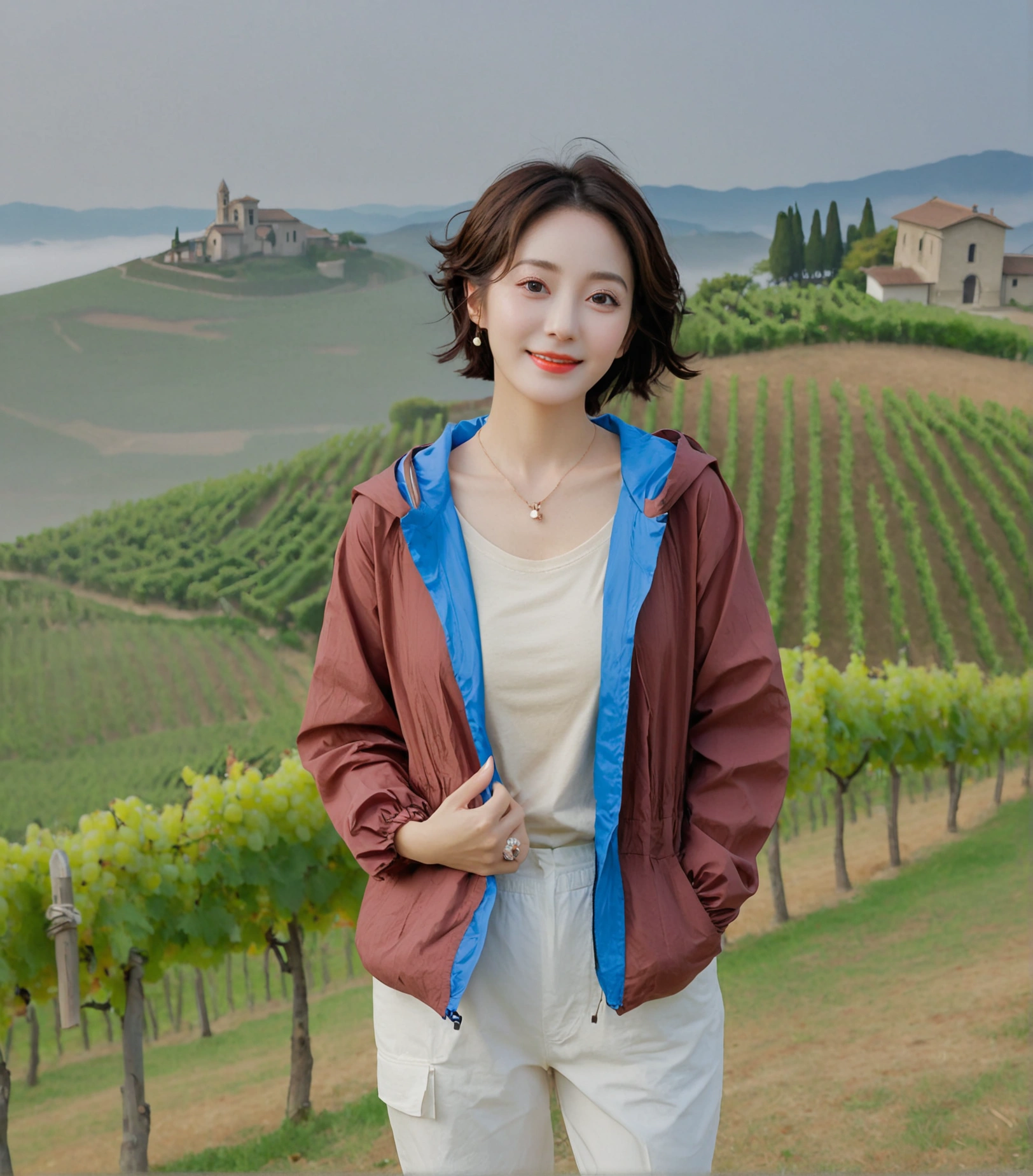 8k best picture quality, Beautiful 36-year-old Korean woman, You have good skin and big and pretty eyes.. Chest size 34 inches, italian countryside, past the vineyard, The cathedral can be seen in the distance in thick fog.., The back background is realistic and vivid quality., Short and medium hair blowing in the wind, Wearing a luxury windbreaker over a t-shirt. beige casual pants, I'm smiling. Standing on a hill overlooking a misty vineyard. the background is clear, Short and slim Korean woman, stand far away, Photo taken with a wide-angle lens, One woman with big and pretty eyes, eyes are round and big